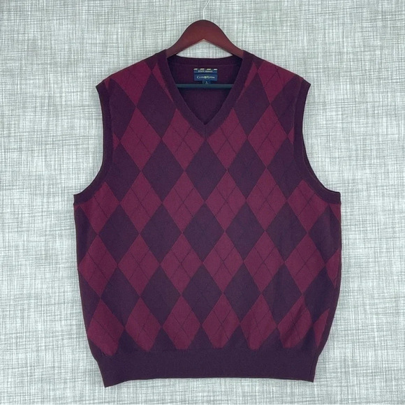 Club Room Vest L Merino Wool Argyle Purple Red 0613 - Picture 1 of 7
